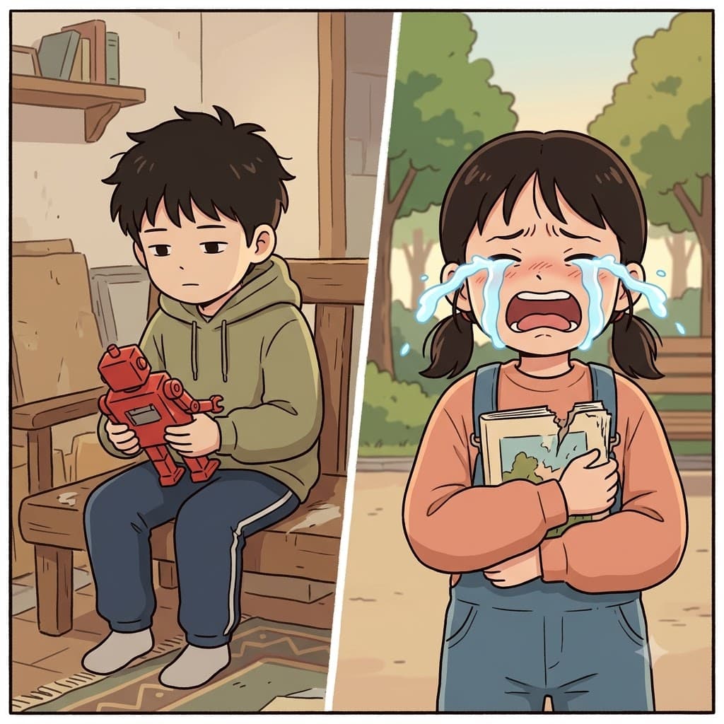 While the boy hid his sadness behind a blank face, the girl's tears were a clear expression of her feelings.