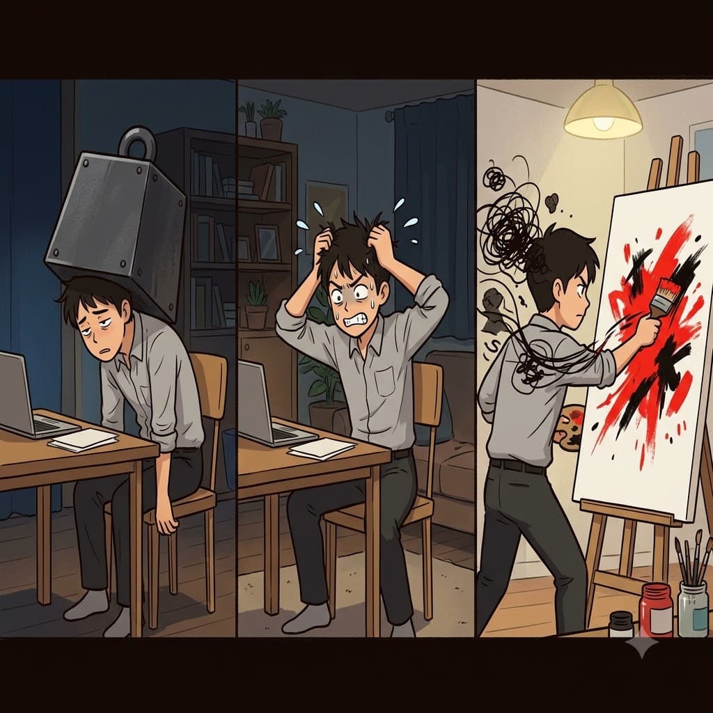 Under the pressure and stress of work, his dark painting became an expression of his pain.