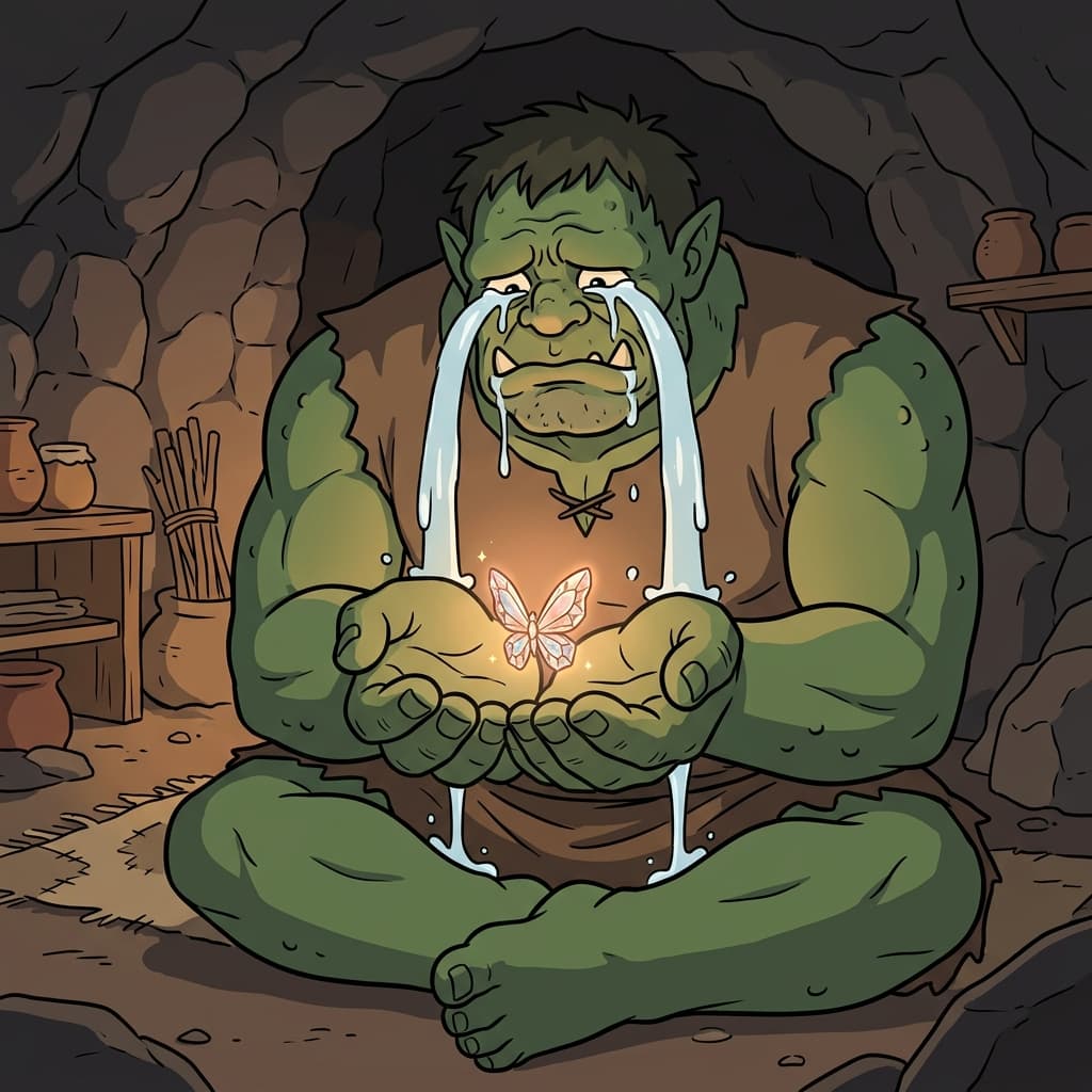 The terrifying, dirty giant violently sobbed a waterfall of tears as he gently held the tiny, glowing crystal butterfly, completely overwhelmed by how exquisite it was.