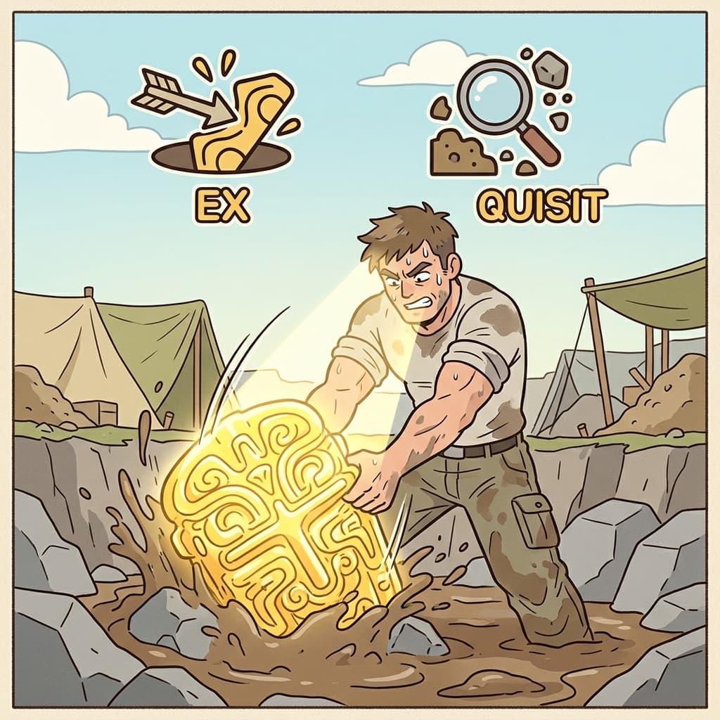 EX(out) + QUISIT(seek) — an exquisite treasure is a perfectly crafted masterpiece you aggressively seek and physically yank OUT of the boring dirt.