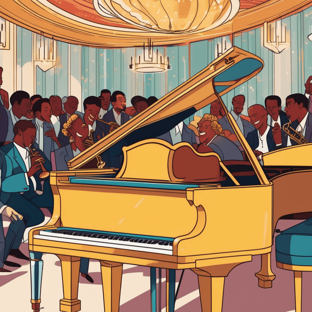 a jazz pianist sits at a grand piano with his eyes closed, fingers dancing across the keys in fluid motion. His posture shows complete absorption as he creates music purely from inspiration in the moment. The sheet music stand in front of him sits completely empty, with no written music to guide him. His improvised melody flows naturally as he responds to the rhythm section behind him. The audience leans forward with captivated expressions, amazed by the spontaneous musical creation. A bassist and drummer follow his lead, adapting to his unplanned musical choices. speaking or performing without preparation through pure improvisation