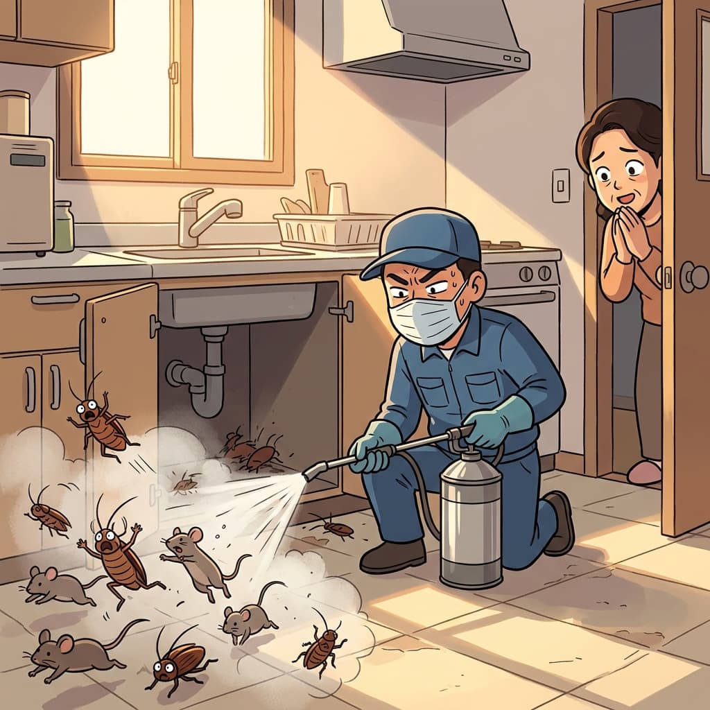 The exterminator sprays under the sink while cockroaches flee in every direction.