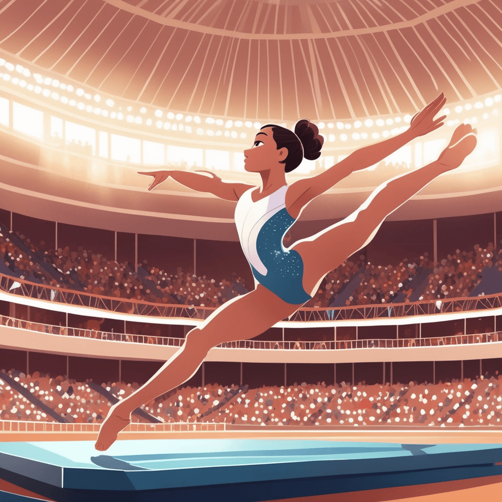 a young gymnast performs an impossibly complex routine on the balance beam with perfect grace. She executes multiple flips and twists that seem to defy gravity while maintaining flawless balance. The difficulty and precision of her moves far exceed what anyone expected to see. Her performance is so remarkable that it transforms the entire atmosphere of the arena. The crowd erupts with amazement, judges lean forward with dropped jaws, and fellow competitors watch in stunned admiration. Even the coaches cover their mouths in disbelief at witnessing such skill. someone performing to a very unusual or remarkable degree, far beyond normal expectations