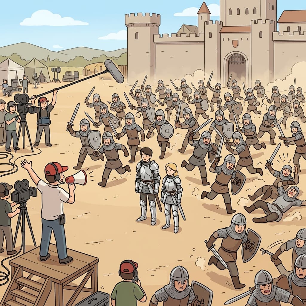 The film director shouts orders while dozens of extras run through the battle scene.