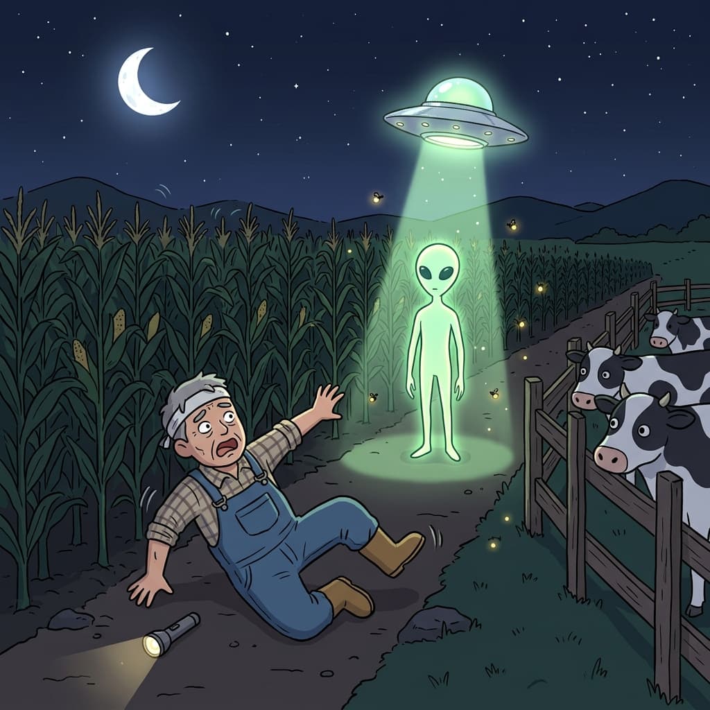 A glowing extraterrestrial steps out of a saucer in a quiet cornfield.