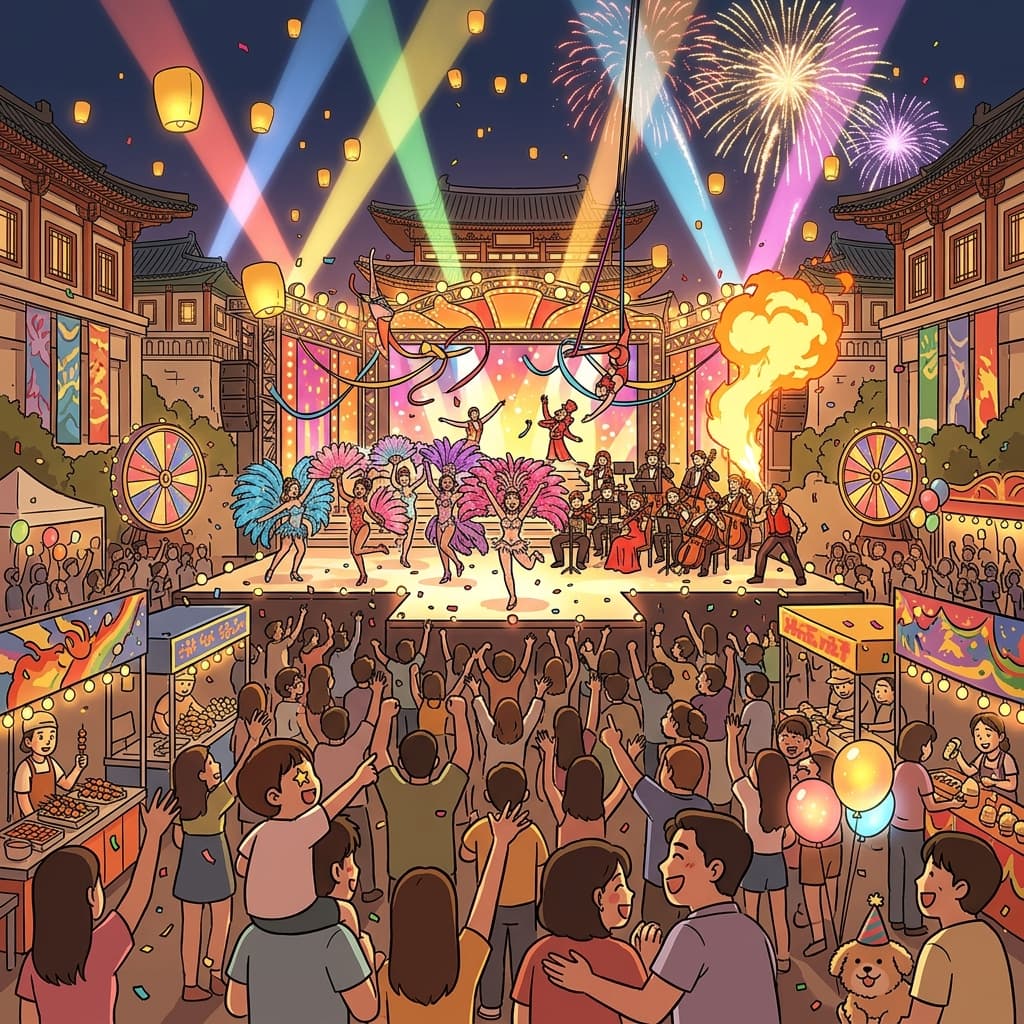 The city's summer extravaganza filled the plaza with fireworks, dancers, and floating lanterns.