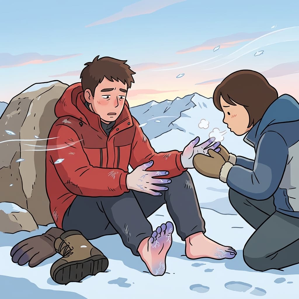The climber's extremities went numb in the freezing summit winds.