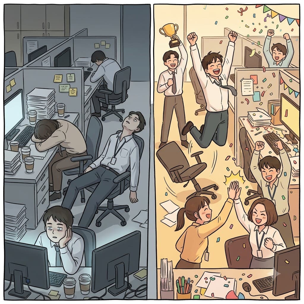 While the tired workers sat quietly at their desks, the winning team was completely exuberant, jumping and cheering with overwhelming joy.