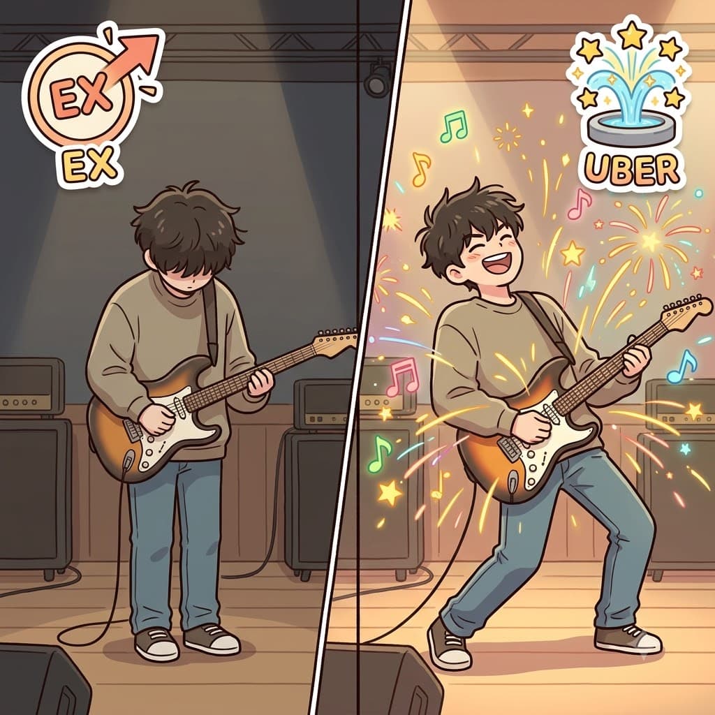 EX (out) + UBER (overflowing) — by letting his overflowing (UBER) joy burst EX (out) into the world, the musician gave a truly exuberant performance.