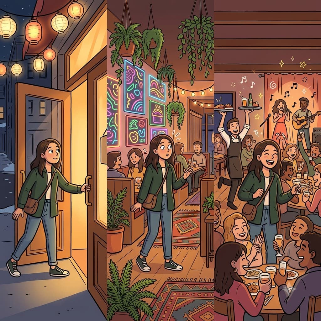 Stepping into the new restaurant filled with vibrant colors, she was immediately swept up in its exuberant atmosphere.