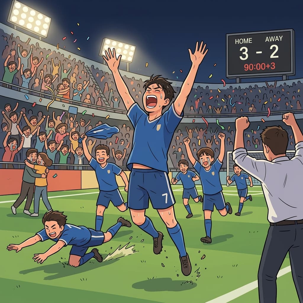 The team exults on the field after scoring the winning goal in overtime.