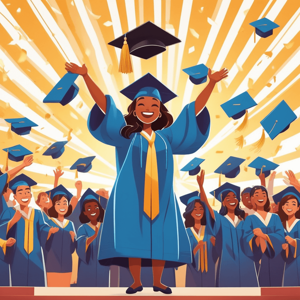 a young graduate throws her cap high into the air with both arms raised in victory. Her face beams with pure joy as she clutches her diploma tightly in one hand. She has just received the highest honors award after years of hard work and struggle. The achievement represents overcoming tremendous obstacles and academic challenges. The dean beside her smiles warmly while other graduates cheer and applaud enthusiastically. Fellow students in the background jump up from their seats in celebration. triumphant elation and jubilation at a major life achievement