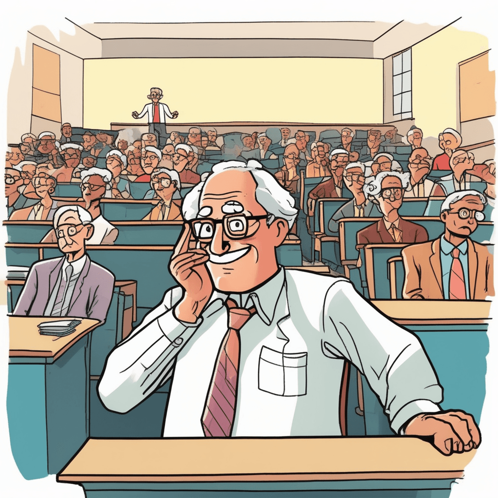 With eyeglasses gleaming, he teaches the masses in his classes!