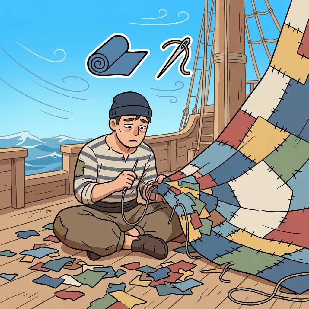 The giant sail was a careful fabrication stitched from scraps of fabric. (FABRIC(cloth) + ATE(make))
