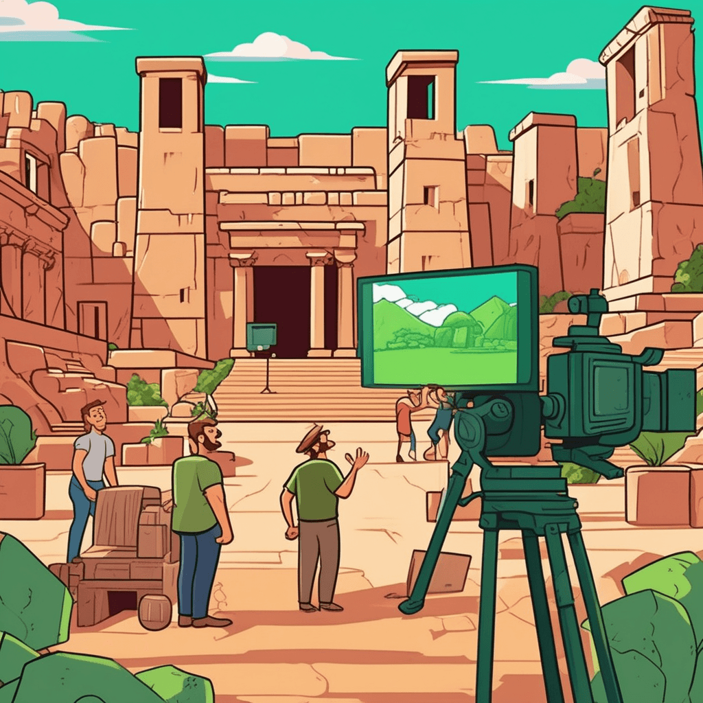 a movie director points enthusiastically at elaborate fake props designed to look like real ancient ruins. Behind him, crew members hold up painted backdrops and artificial stone columns made of lightweight foam. The green screen shows a completely computer-generated landscape that will replace the simple studio walls. Actors in costume stand among the obviously manufactured set pieces that are meant to appear authentic on camera. something artificially created and developed rather than natural or genuine