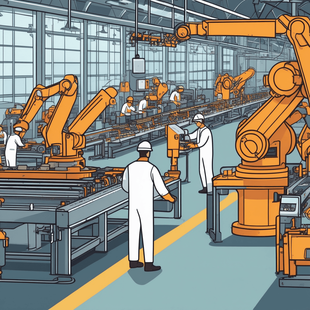 a factory worker in safety gear operates a large assembly machine while monitoring the production line. Another worker nearby inspects finished products as they move along the conveyor belt. The assembly line carries partially completed items from one station to the next in a smooth workflow. Multiple machines hum with activity as sparks fly from welding stations in the background. Other workers coordinate between different manufacturing stations across the wide open space. Overhead cranes and industrial equipment fill the expansive work area. the area in a factory where goods are manufactured or assembled by workers and machines