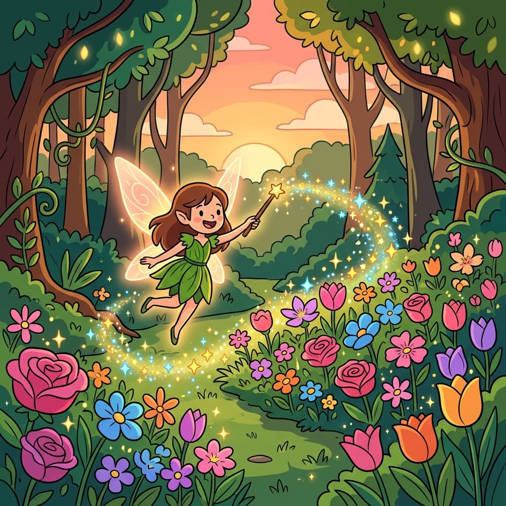 The fairy waved her magic wand and helped the flowers bloom overnight.