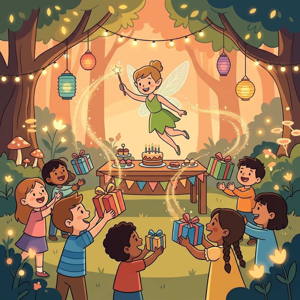 The fairy used magic to help every child receive a fair share. (FAIR + MAGIC → a fairy uses magic to make things fair and happy)