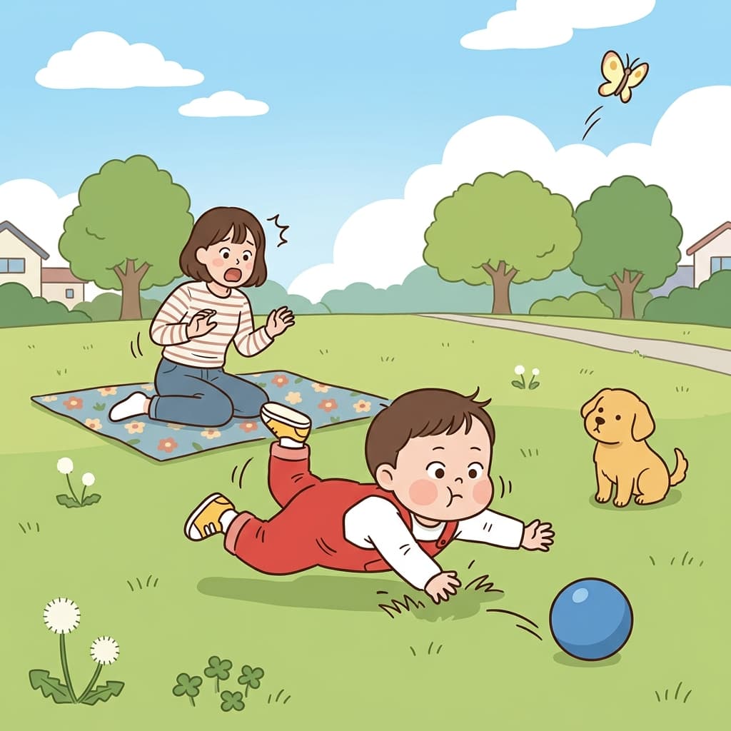 The toddler tried to run too fast and fall over onto the grass.