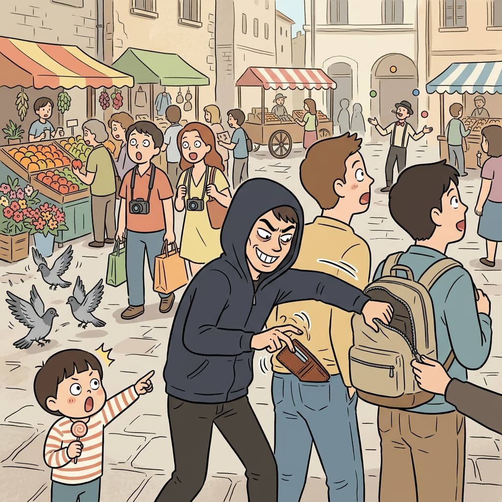 Tourists fall prey to a clever pickpocket in the crowded market square.