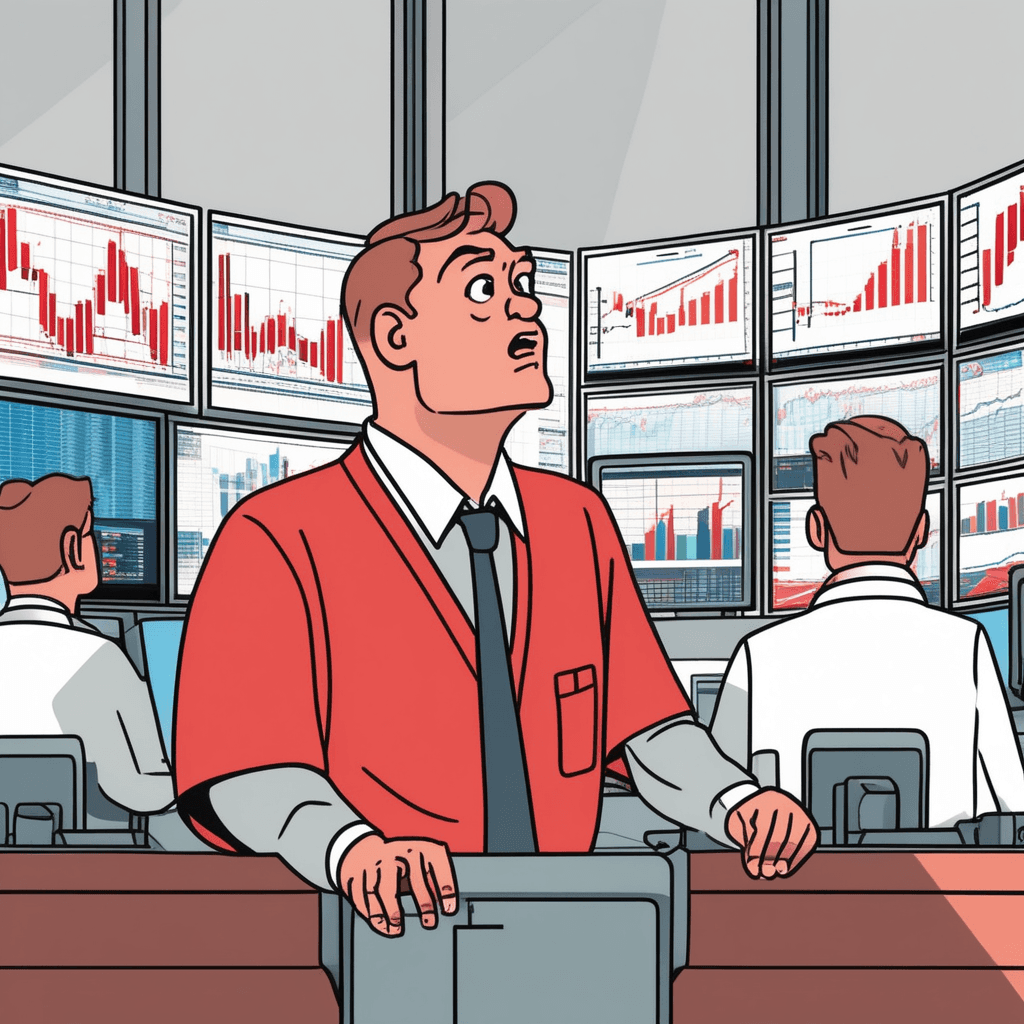 a shocked trader watches as red arrow lines plunge downward on multiple screens around him. His face shows complete dismay as he points at the rapidly descending chart lines. The graph lines were high just moments before but now crash toward the bottom of the screens. Numbers cascade downward in a steep diagonal pattern across all the monitors. Other traders in the background throw their hands up in panic and disbelief. Some cover their faces while others frantically gesture at their own screens. values falling dramatically in a very quick and significant decline