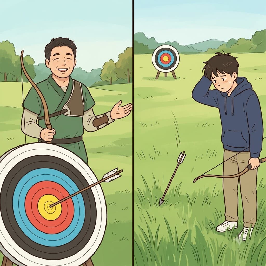 While the master's arrow hit the exact center, the beginner's arrow fell short of the target.