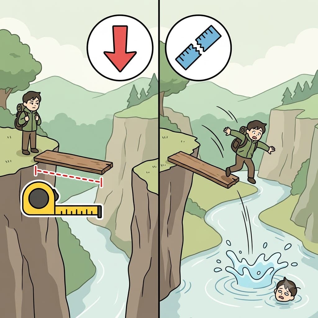 FALL (drop down) + SHORT (lacking length) — because the wooden plank was built too SHORT, the traveler began to FALL, proving the bridge fell short of the other side.