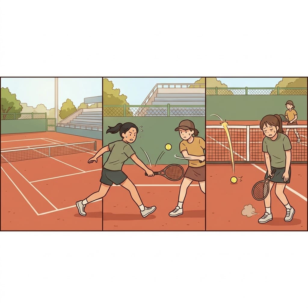 Sweating on the hot tennis court playing a competitive sport, her tired final swing caused the ball to fall short.