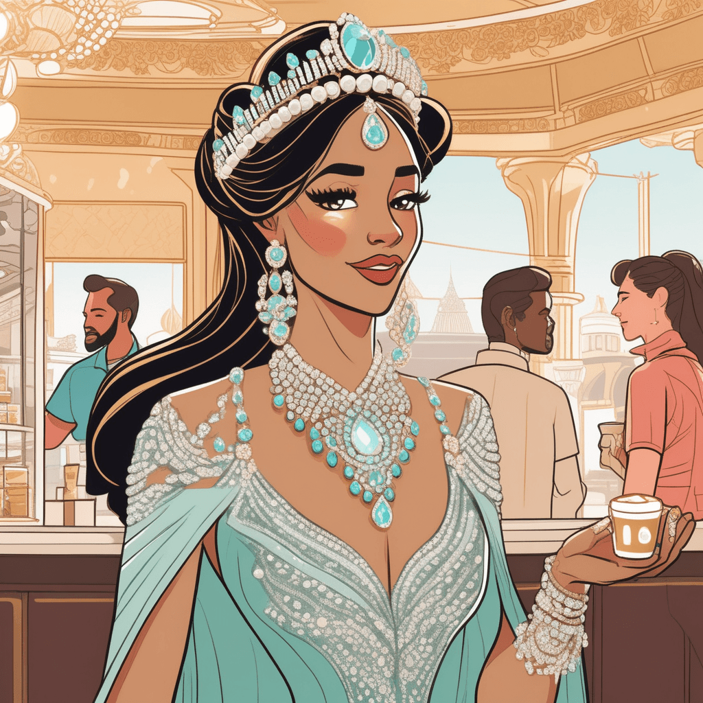 Elaborate fancy dress in simple cafe