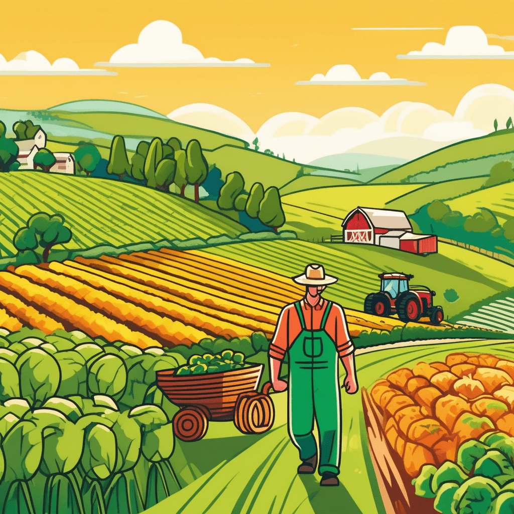 A farmer tends his thriving farm with crops and livestock