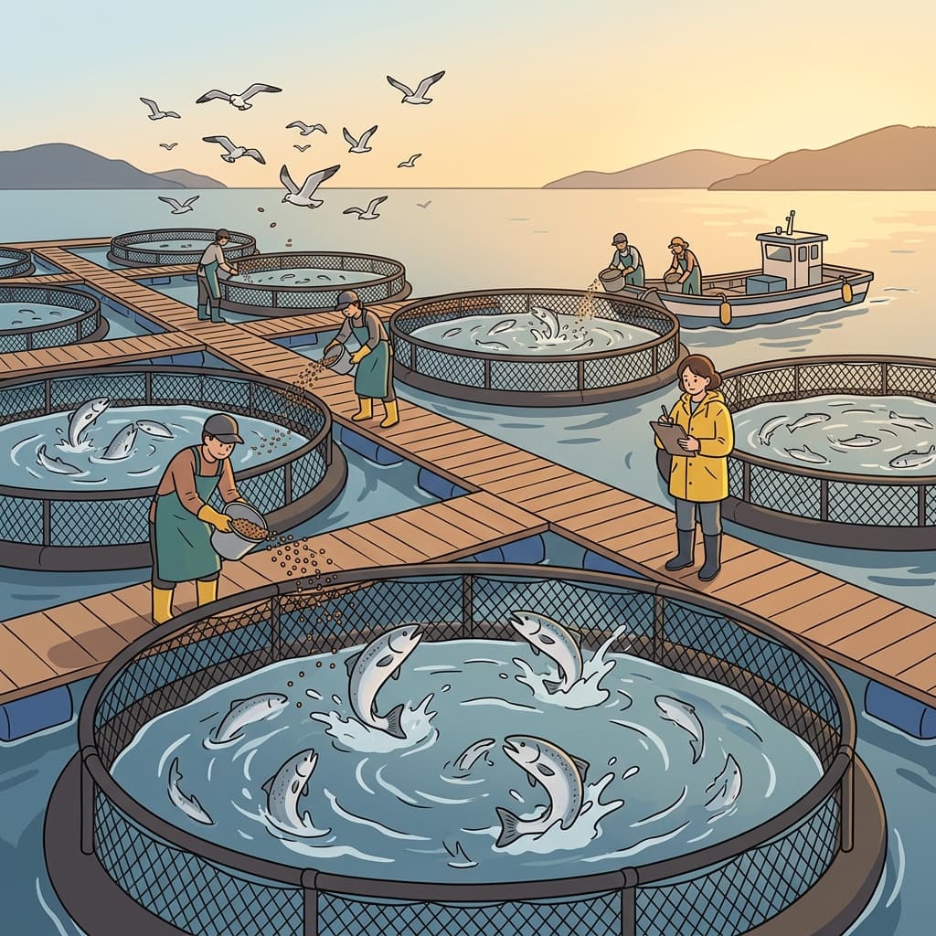 The salmon we ate tonight was farmed in coastal pens, not caught wild.