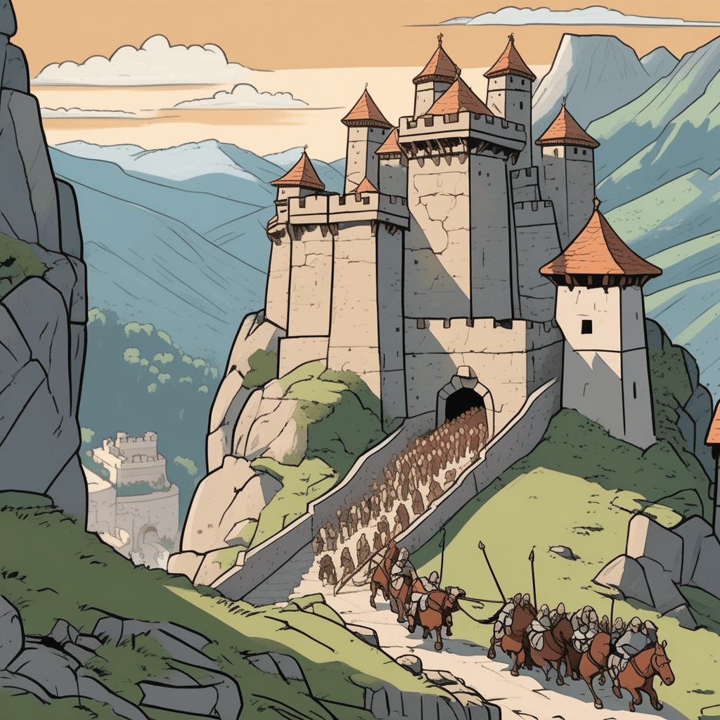 villagers carrying bundles and children rush toward the massive stone gates of a mountain fortress. The heavy wooden doors swing open as guards wave people inside to safety. Enemy soldiers on horseback can be seen approaching in the distance across the valley below. The thick stone walls and elevated position make the fortress nearly impossible to attack. Villagers already inside the walls look relieved as they watch from the protected battlements. a secure refuge into which people go for shelter during battle