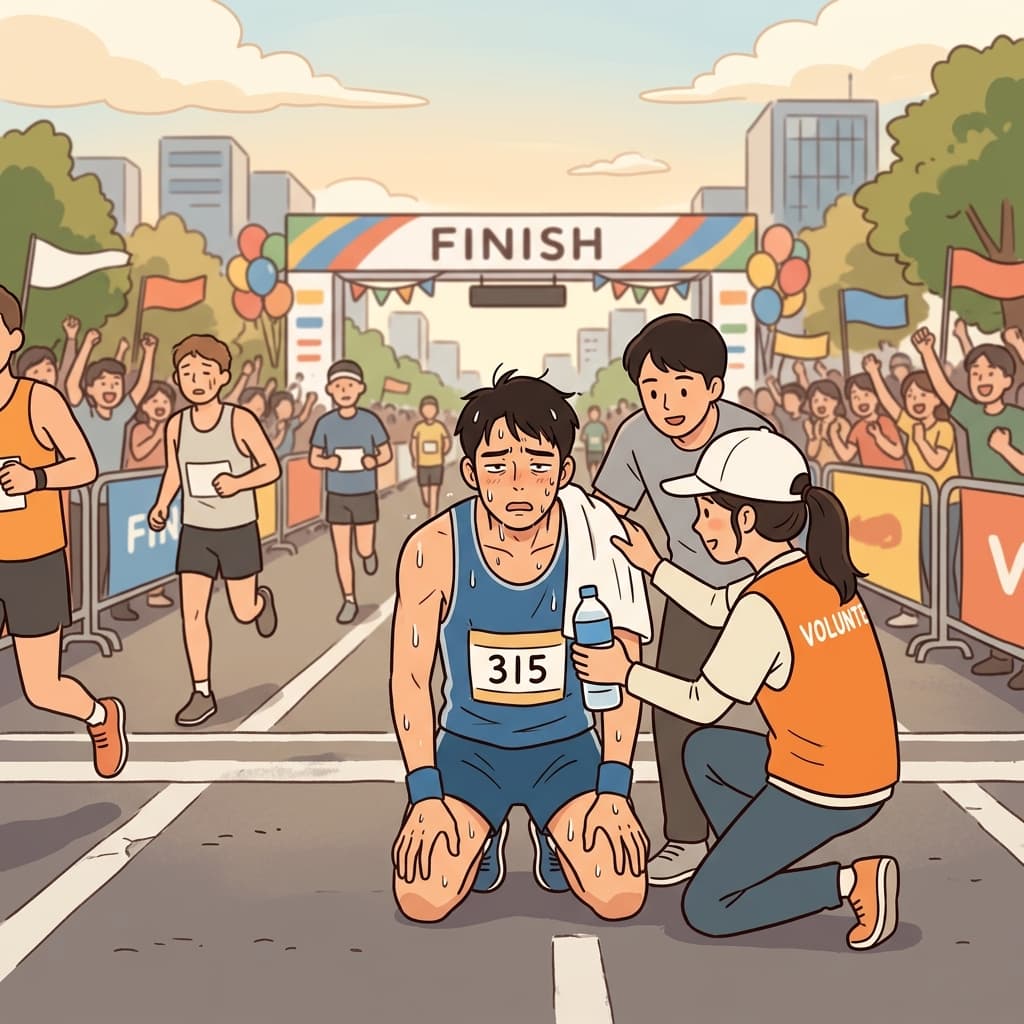 After running the marathon, he collapsed from fatigue.