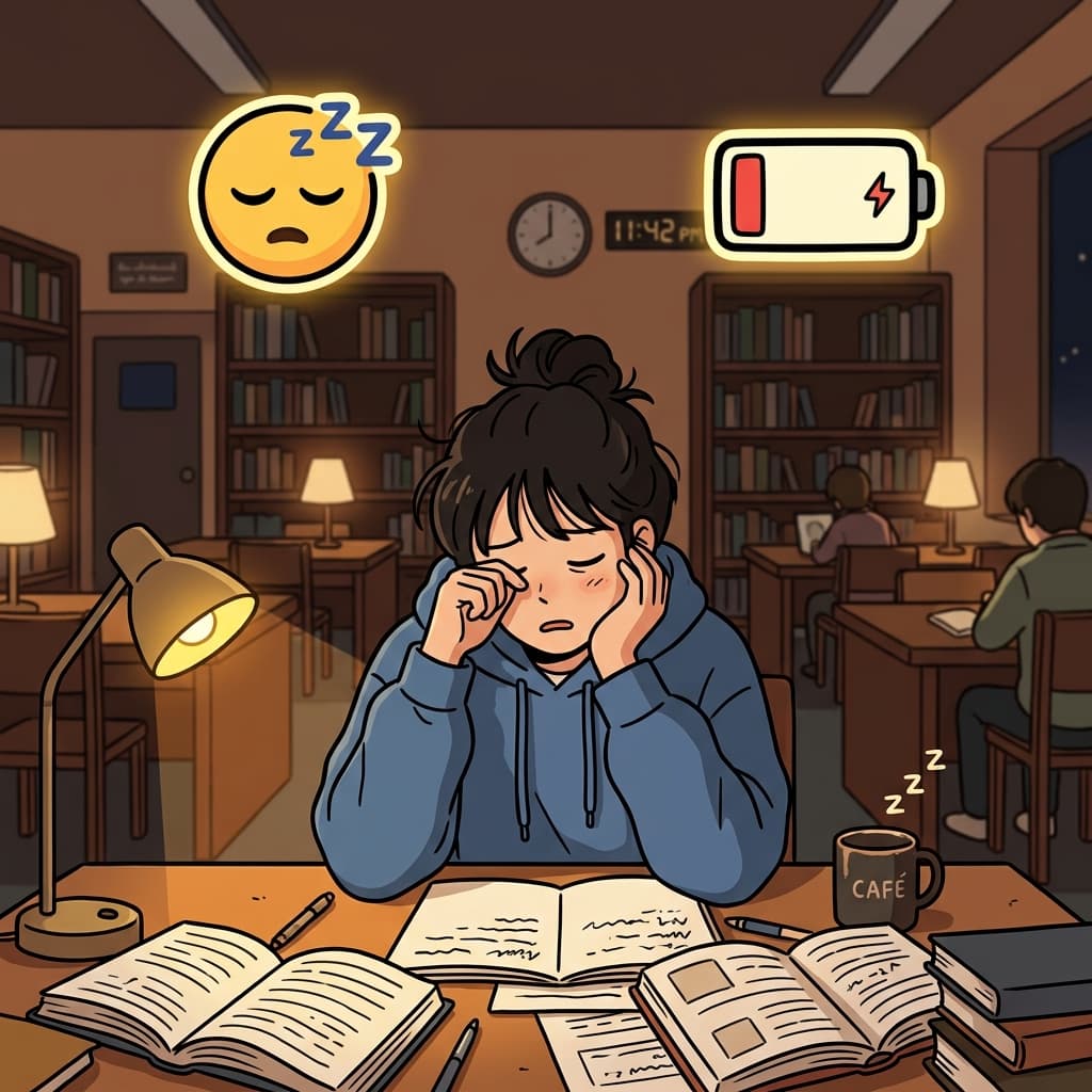 Hours of studying led to mental fatigue. (😴 Exhaustion + 🔋 Low Energy → Fatigue)
