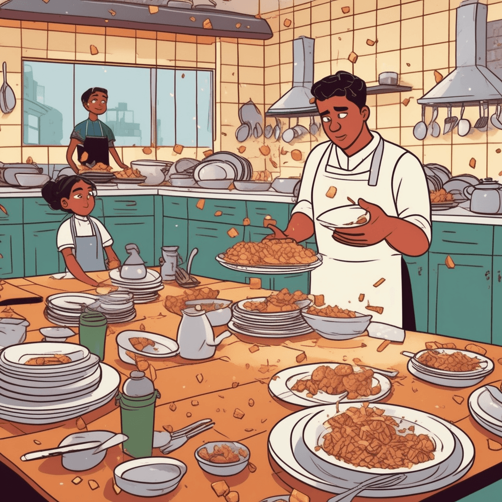 The waiter accepts fault for dropping dishes in the kitchen