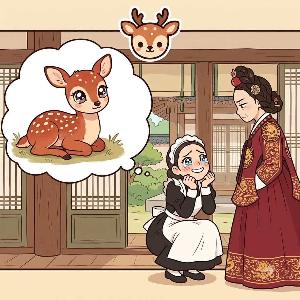 FAWN(baby deer) -> FAWN(flatter) — by acting as cute and harmless as a baby fawn, the sneaky maid tried to fawn over the angry queen.