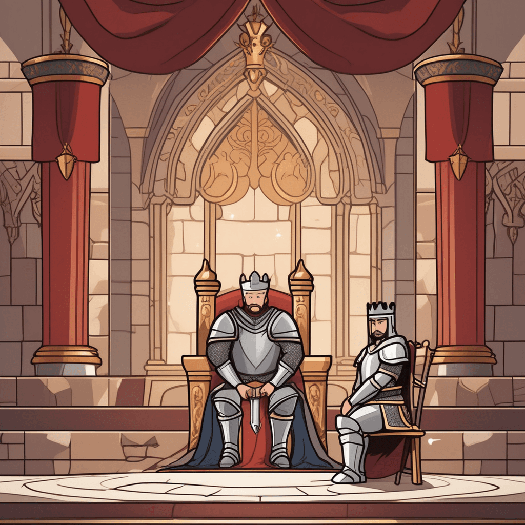 a knight in shining armor kneels on one knee before a crowned lord sitting on an ornate throne. The knight places both hands over his heart while bowing his head in respect. The lord extends his hand forward as the knight prepares to make his pledge of service. This formal ceremony binds the knight to serve his master faithfully. Other nobles stand at attention around the throne room witnessing this important ritual. loyalty and allegiance sworn to a feudal lord or sovereign