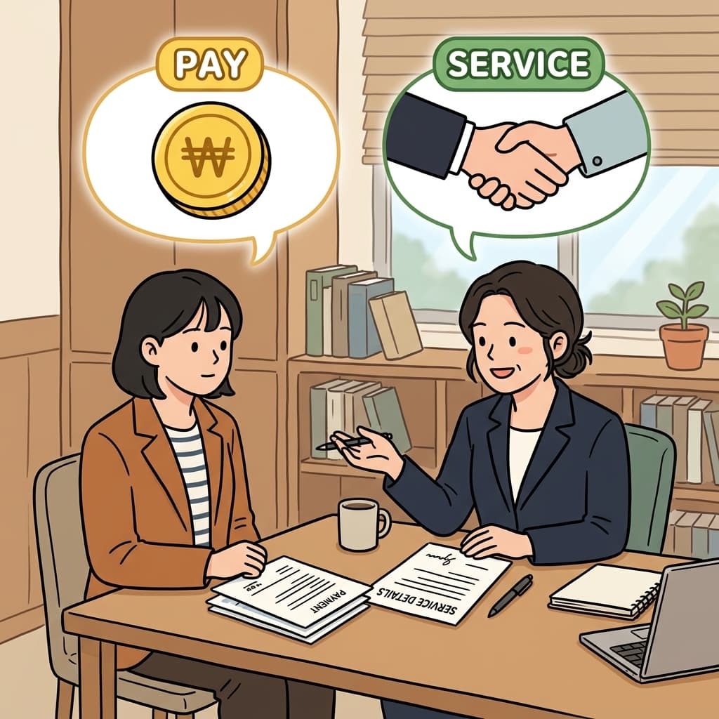The lawyer explained the service fee before starting the case. (PAY + SERVICE = FEE)