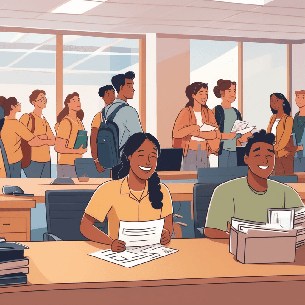 a stressed college student sits across from a friendly financial aid counselor who slides an official document across the desk. The student's worried expression immediately transforms into one of relief and joy as they see the document. The counselor points to stamped sections of the paper that show approval. Because of this official document, the student no longer needs to reach for their wallet or worry about payment. Other students in the background continue waiting while this student celebrates quietly. an official document that exempts someone from paying a required fee