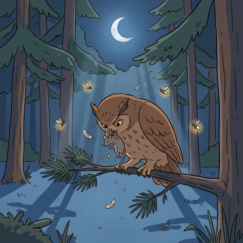 Owls feed on small mice they catch in the moonlit forest at night.