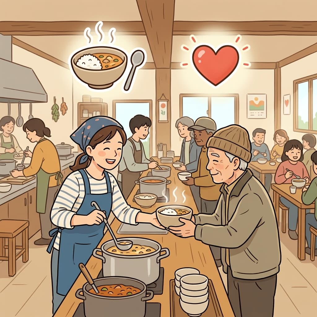 The volunteers were feeding homeless people with warm meals. (🍽️ Food + ❤️ Care → Feeding)