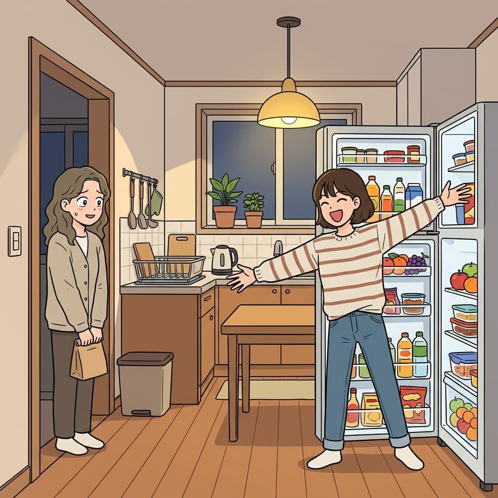 The host smiled and said, 'Feel free to grab anything from the fridge.'