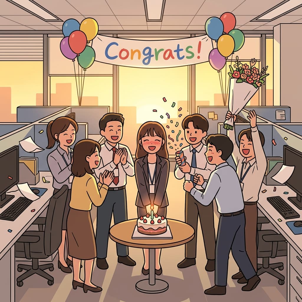The whole office gathered to felicitate Maya on her big promotion.