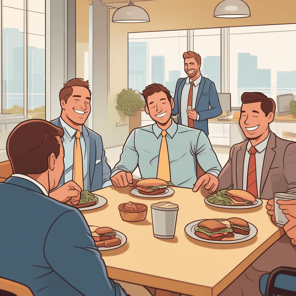 A kind fellow shares his lunch with a hungry coworker