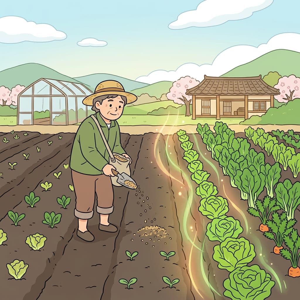 The farmer spread fertilizer to help the crops grow stronger.