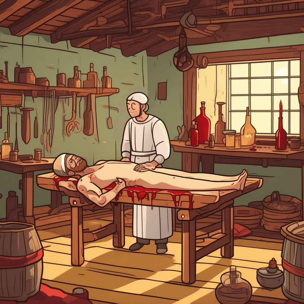 a worried healer examines a patient's badly infected arm wound that shows red swelling and yellow pus. The patient grimaces in pain as the healer points to the worsening infection. The wound appears much worse than before, with angry red streaks spreading outward from the original injury. Days of neglect have allowed the infection to fester and spread dangerously. Other patients in the background look concerned while the healer prepares emergency treatment supplies. how an untreated wound festers and becomes infected, growing worse through neglect