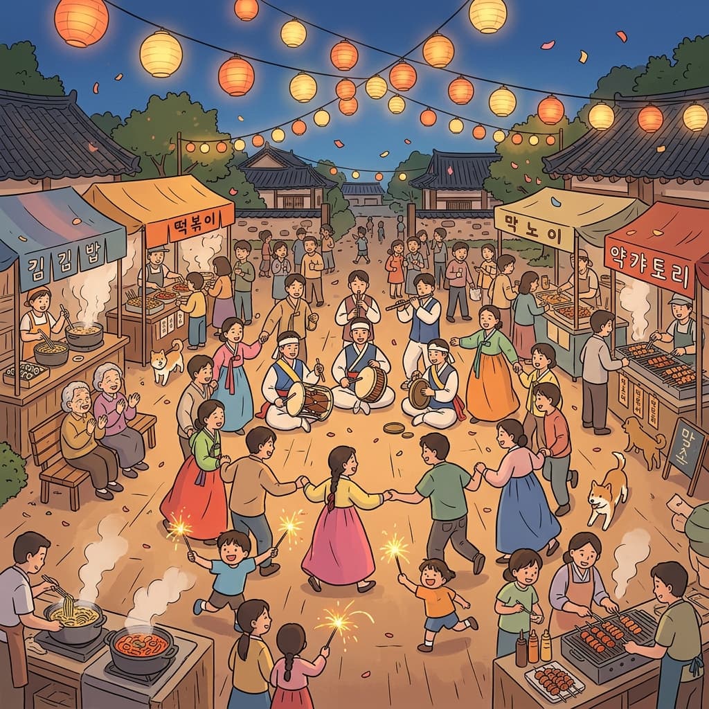 The village festival lights up the square with music, dance, and glowing lanterns.