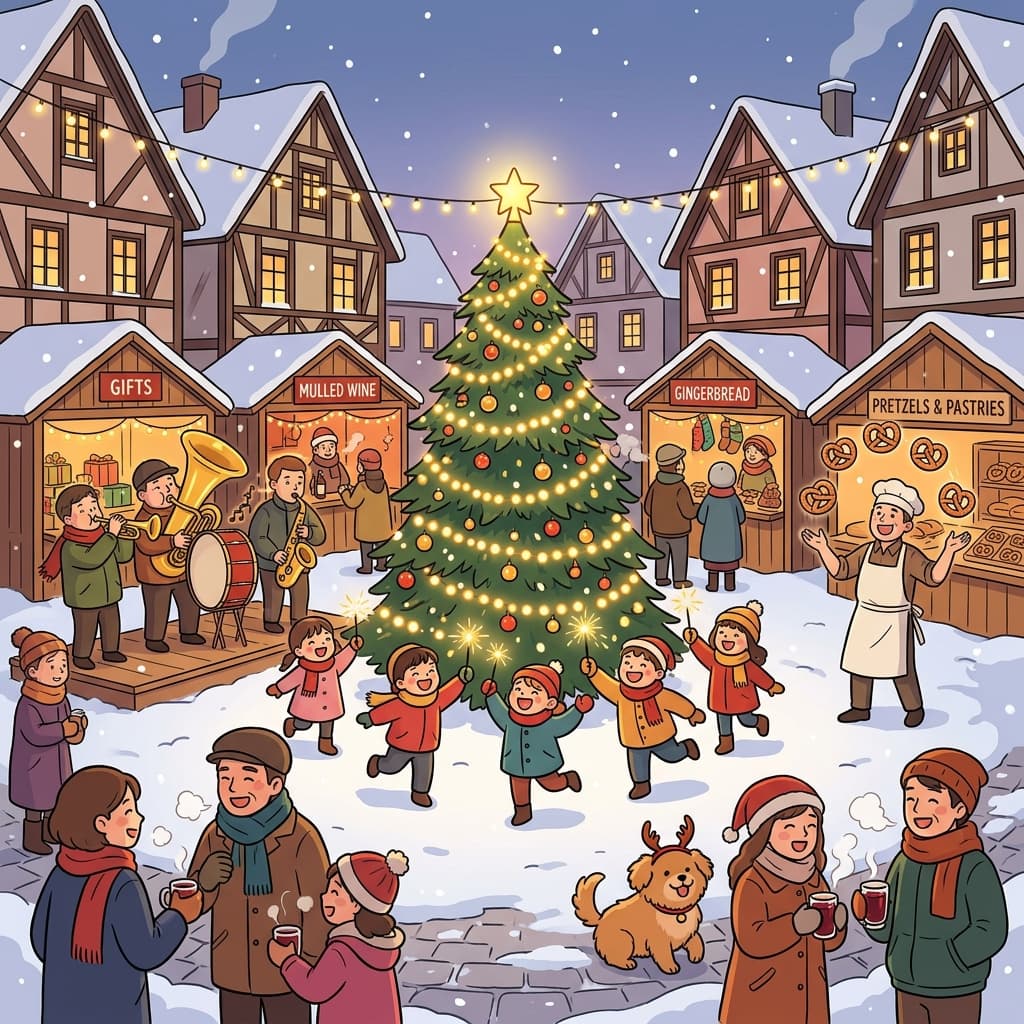 The whole village square glows with a festive Christmas market full of music and lights.