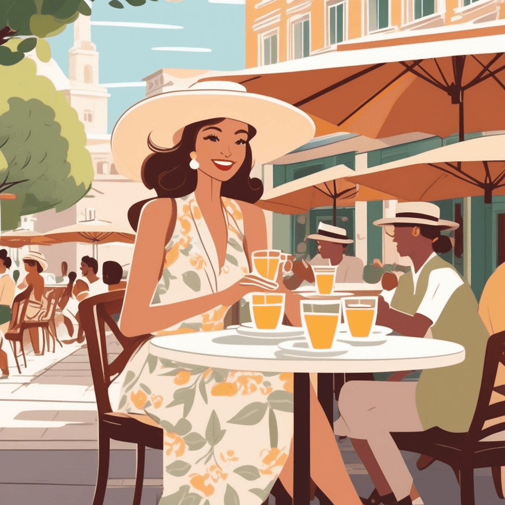 a stylishly dressed woman in a flowing dress and sun hat gracefully sips her coffee while reading a book. Her posture is elegant and her smile is warm as she turns a page with delicate movements. Other café patrons at nearby tables can't help but glance in her direction with appreciative looks. A waiter pauses mid-step to admire her poise, while a couple at the next table whispers and smiles about her charming presence. The woman's natural grace and beautiful appearance creates a magnetic effect on everyone around her. someone being attractive and charming in appearance