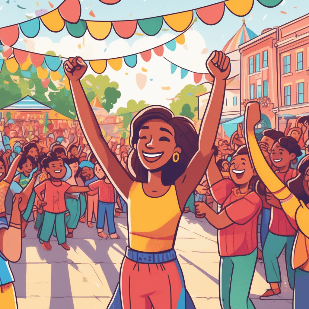 a cheerful festival organizer raises her arms triumphantly while standing on a small platform surrounded by happy families. She welcomes everyone to join the outdoor festivities with an enthusiastic gesture. The celebration transforms the ordinary town square into a lively gathering place filled with music and laughter. Booths with games and food create a festive atmosphere around the central area. Children run between adults while families gather around picnic tables enjoying the outdoor event. Parents smile and chat while watching their kids participate in festival activities. a public celebration or festival being held outdoors for the whole community